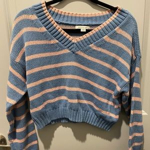 American eagle blue and pink cropped sweater